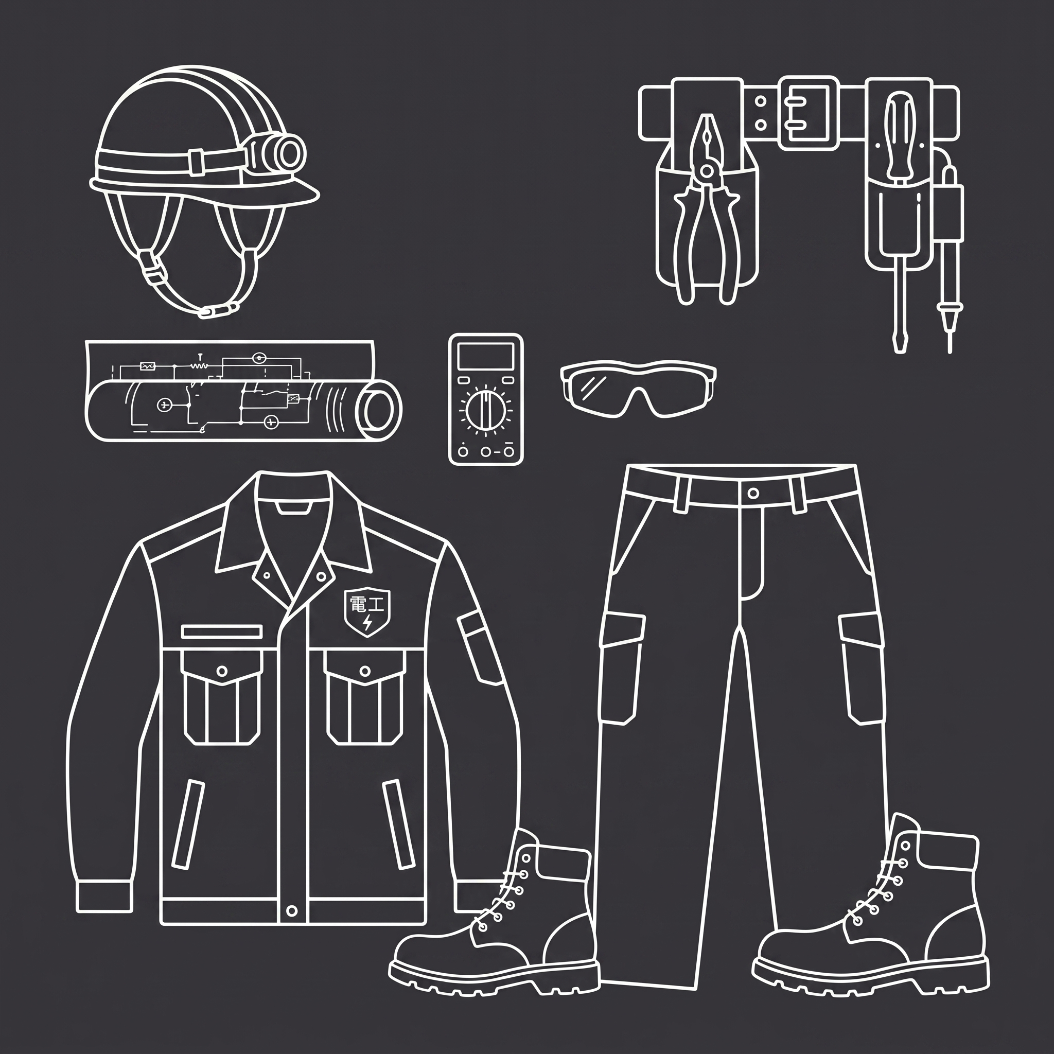 支給される作業服と工具一式のイラスト